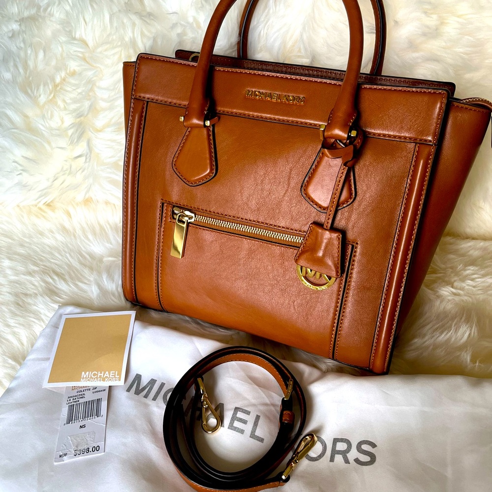 NWOT. MICHAEL KORS COLETTE ZIP LEATHER SATCHEL IN LUGGAGE GOLD HARDWARE